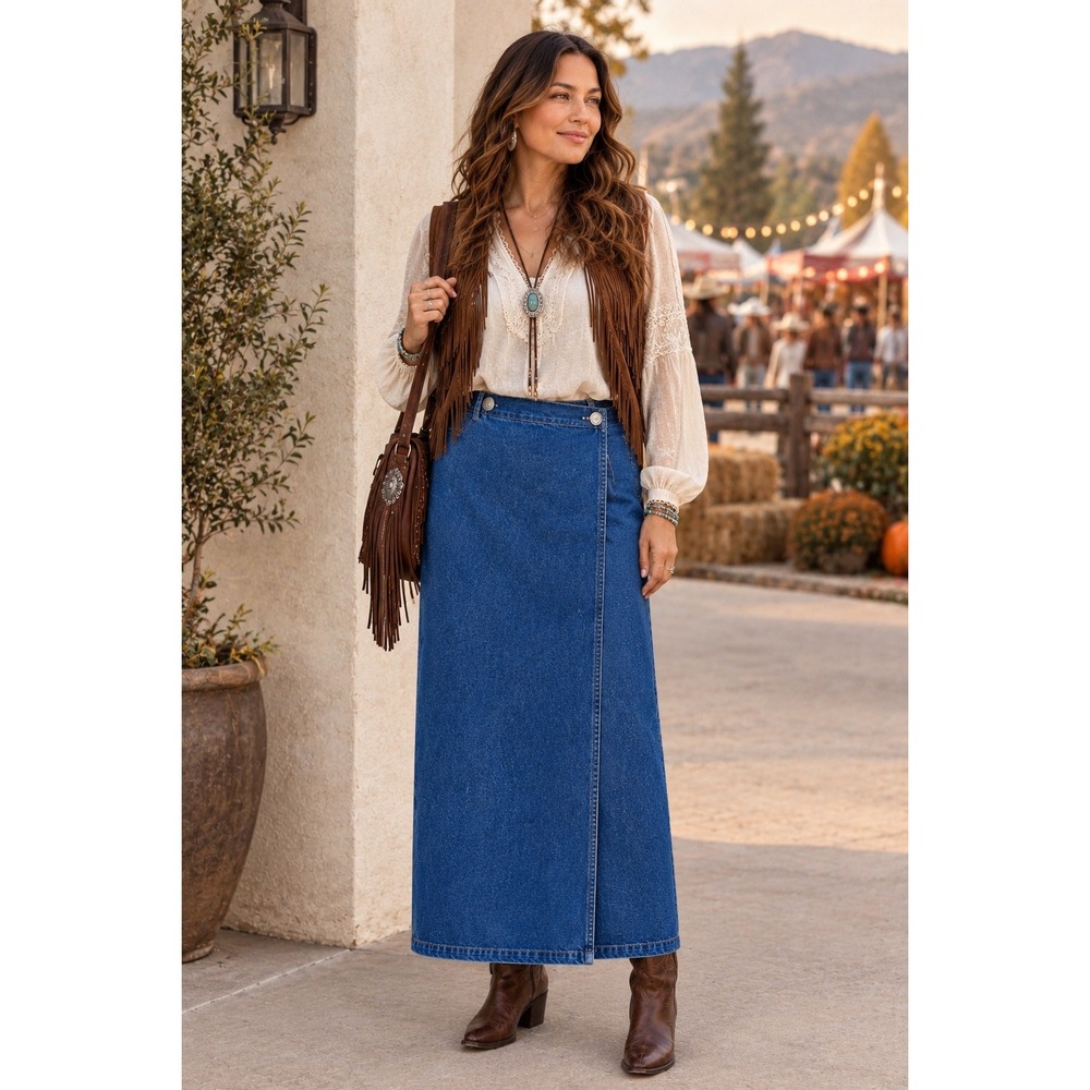 VINTAGE Denim Maxi Wrap Skirt 18W Concho Western Cowgirl Boho 90s Y2K USA Blue
